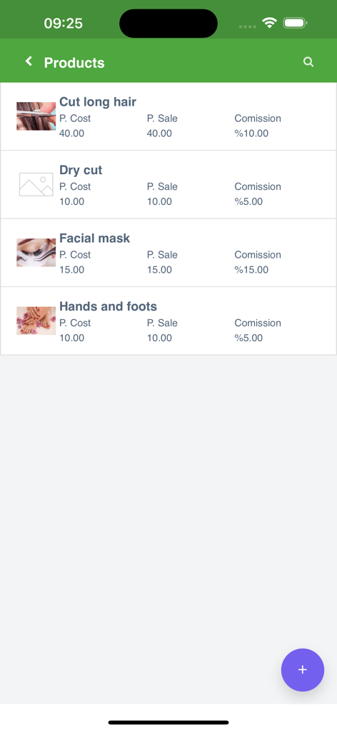 Interface de aplicativo móvel mostrando uma lista de serviços de salão, incluindo cortes de cabelo e máscaras faciais, com preço e rastreamento de comissão