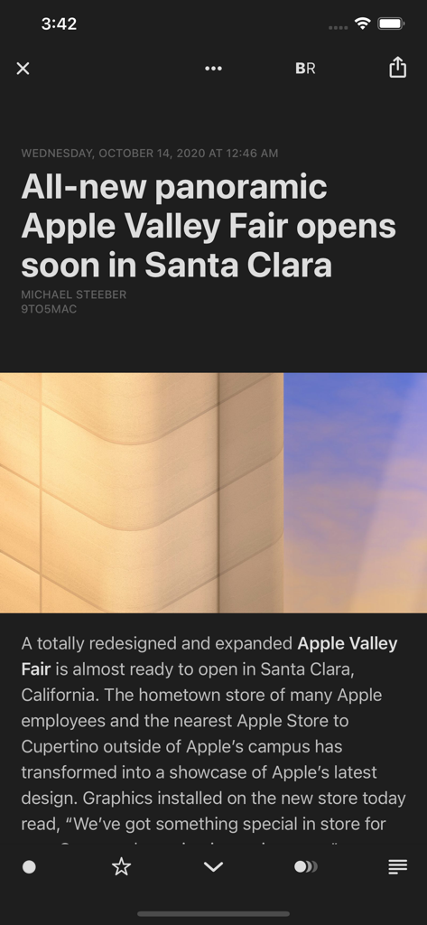 A clean and minimal news article interface in Reeder Classic dark mode.