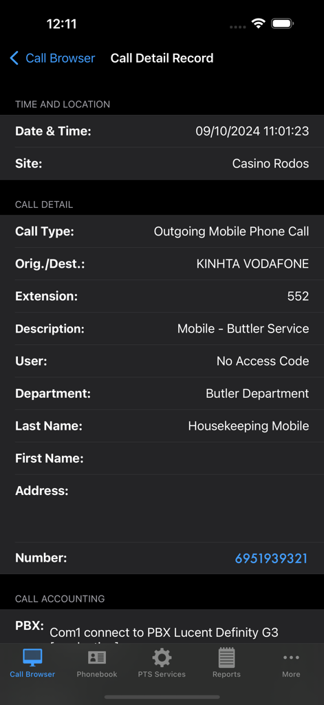 PhoneTrack NexGen Mobile - Interface of PhoneTrack NexGen Mobile showing a detailed call record including site, department, and extension information.