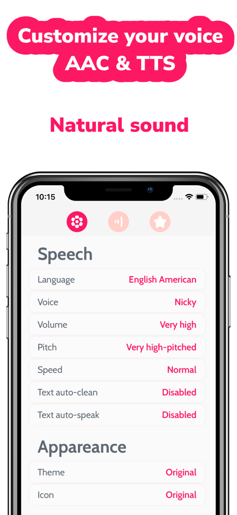 AAC Text to Speech TTS Dinata - Voice customization settings in the AAC Text to Speech TTS Dinata app showing options for language pitch and speed