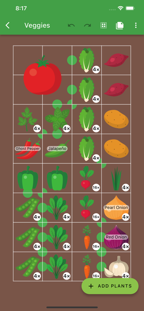 Planter: Garden Planner - A digital square foot garden layout grid showing various vegetable icons like tomatoes peppers and carrots in the Planter app