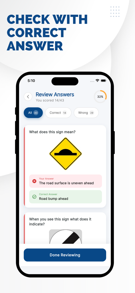 NZ Driving Theory Test 2026 - Tela do aplicativo móvel mostrando uma questão de teste de teoria de sinalização de trânsito com respostas corretas e incorretas