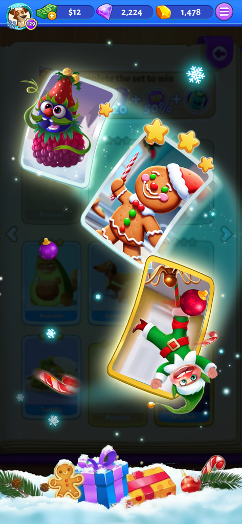 Captura de pantalla del evento navideño del juego móvil Bubble Cash con cartas coleccionables de personajes festivos como un hombre de jengibre y un elfo en una escena invernal nevada.