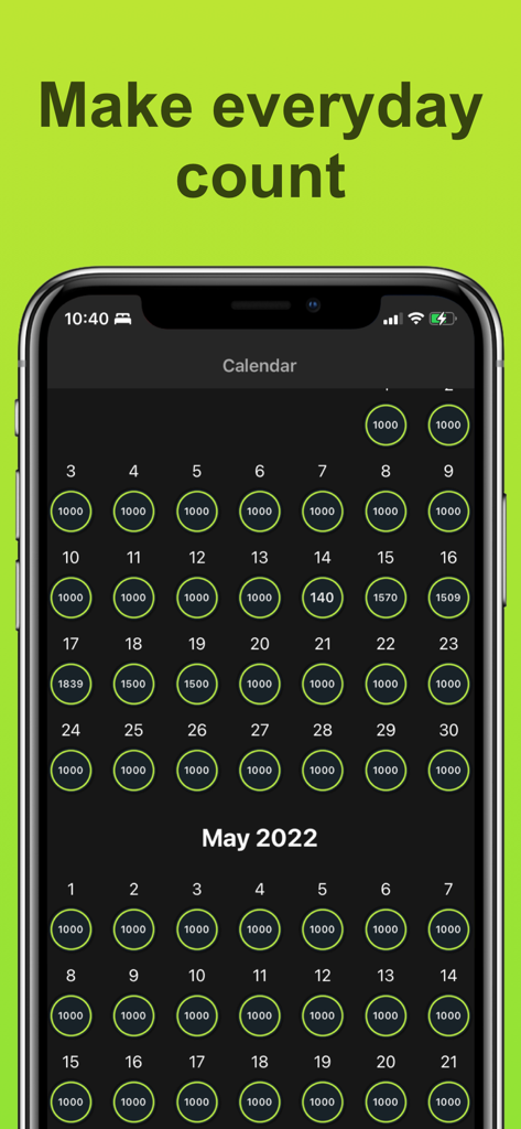JumRop - Jump Rope Rep Counter - Calendario de la app JumRop mostrando los recuentos diarios de repeticiones de saltos de comba