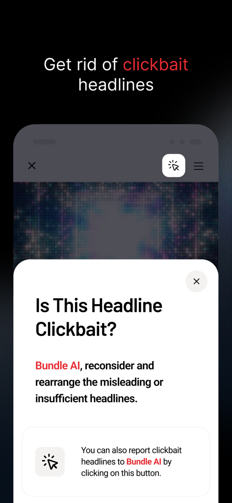 Bundle News: Breaking & Local - Bundle Newsのインターフェースに、誤解を招くクリックベイトの見出しを識別して並べ替えるAI機能が強調表示されています