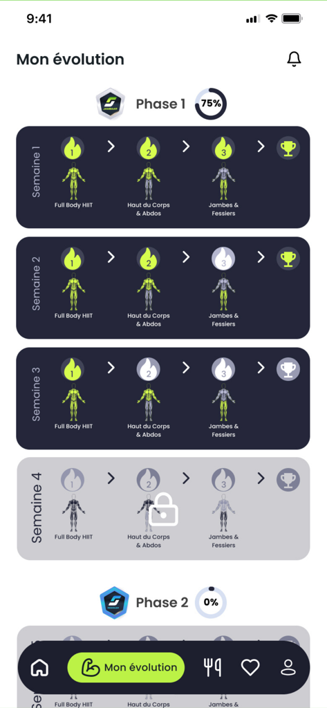 SamaCoach - Écran de suivi des progrès de l'application SamaCoach montrant l'évolution du fitness avec les phases d'entraînement hebdomadaires et le suivi des progrès.