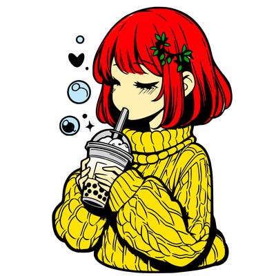manga girl drinking boba in cozy sweater