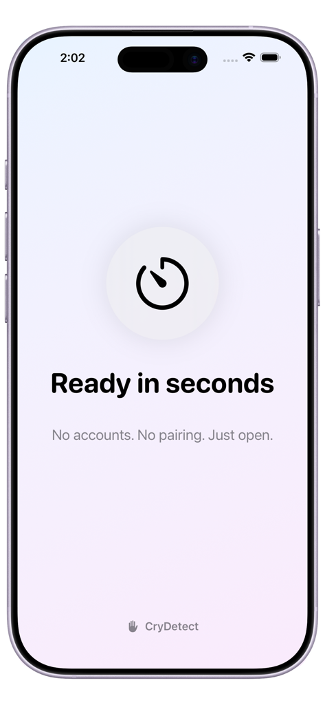 CryDetect - AI Baby Monitor - CryDetect app screen showing quick setup without account or pairing
