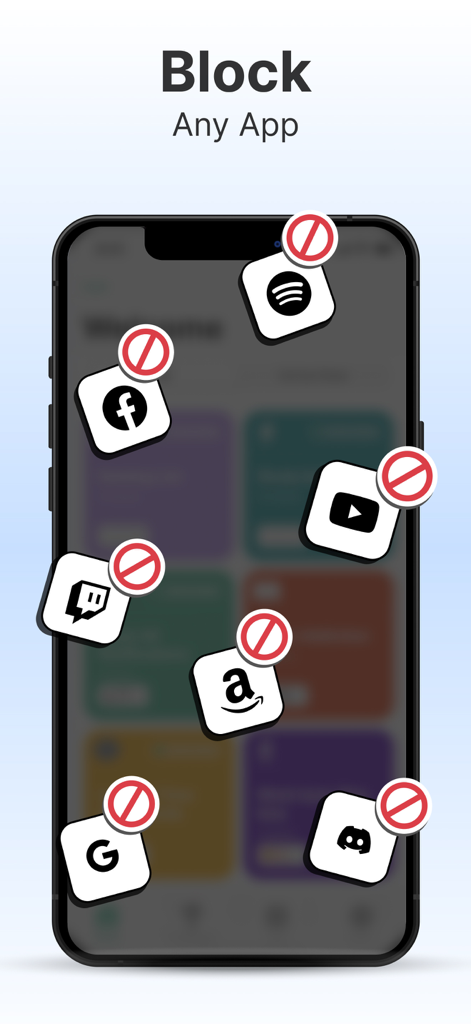 A smartphone screen showing various social media and entertainment apps with red prohibition symbols to illustrate the app blocking feature.