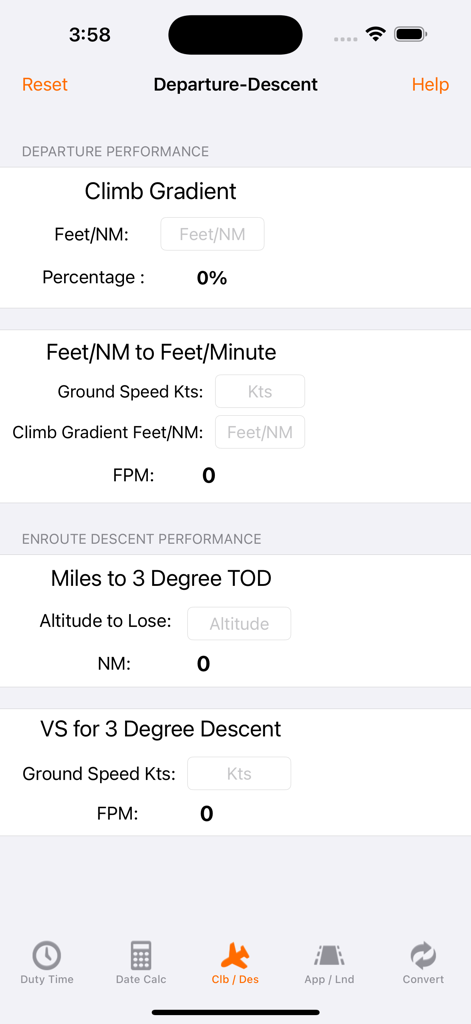 Pilot Duty & Performance Calc - モバイルアプリで航空上昇勾配と降下性能を計算するためのインターフェース。