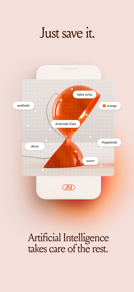 A mobile screen showing the mymind app automatically tagging an image of an orange designer lamp with AI-generated keywords like aesthetic and decor
