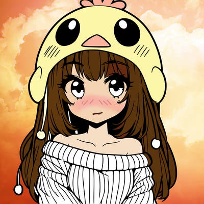 anime girl with chick shaped hat with sweater with bare shoulders with bangs covering them one eye with low tail