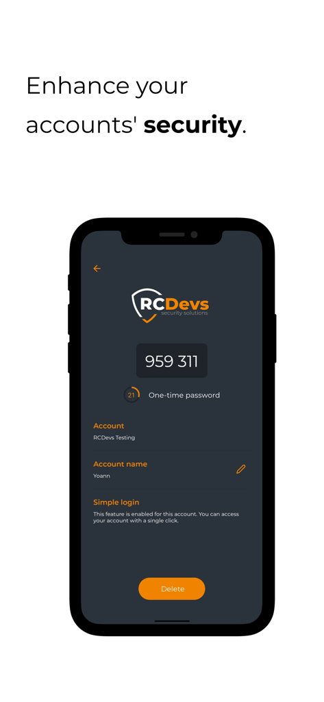 OpenOTP Token - OpenOTP Token app interface displaying a one-time password and account security settings