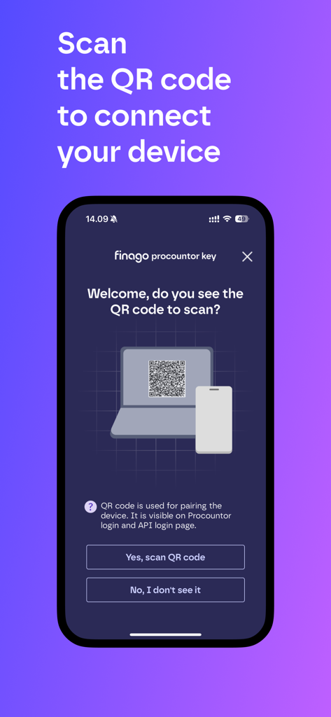 Procountor Key - Procountor Key app setup screen for scanning a QR code to connect a device