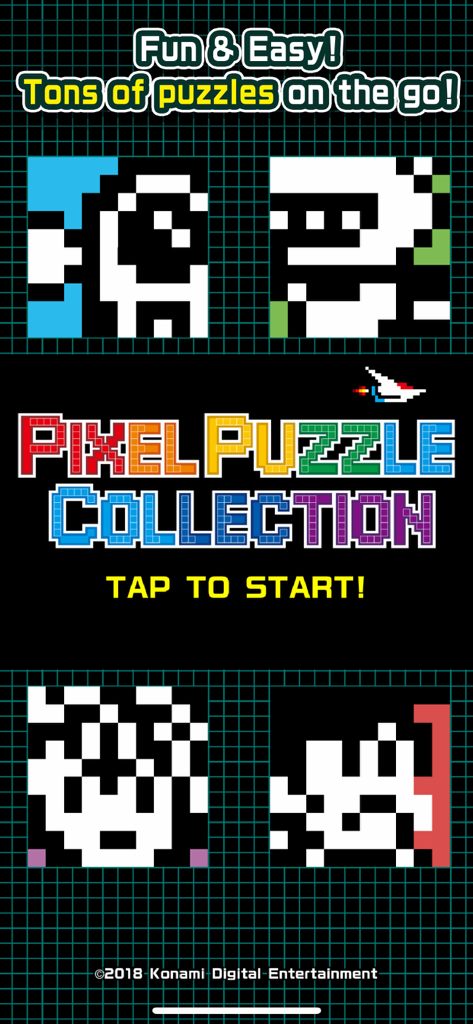 Pixel Puzzle Collection title screen featuring retro Konami pixel art characters and a tap to start prompt