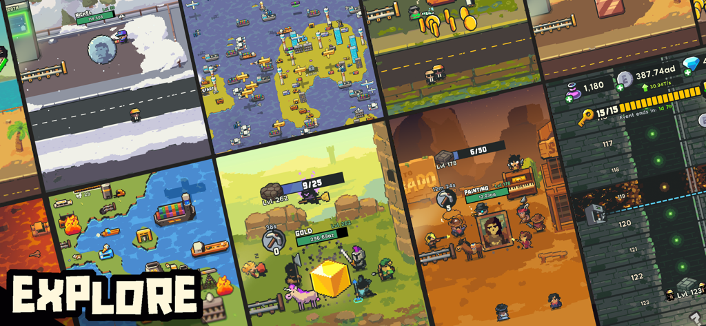 Earth Inc. Tycoon Idle Miner - Eine Collage von Pixel-Art-Gameplay-Bildschirmen aus Earth Inc Tycoon Idle Miner, die verschiedene Biome und den Text Erkunden zeigen