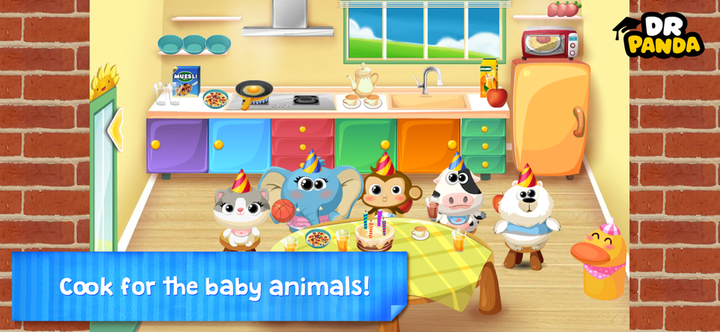 Dr. Panda Daycare - Animalitos bebés con sombreros de fiesta sentados en una mesa en una colorida cocina de Dr. Panda Guardería.