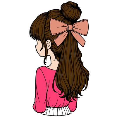 realistic girl  with hip length hair a bun and a big bow on the back of head