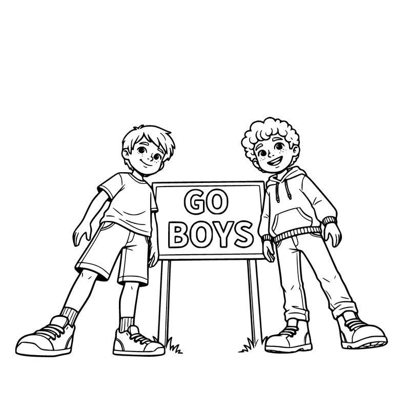 a boy and another boy standing next to each other and a sign that says go boys