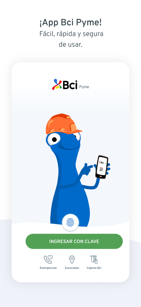 Pantalla de bienvenida de la aplicación de banca móvil Bci Pyme, con un mascota azul con casco y opciones de inicio de sesión.