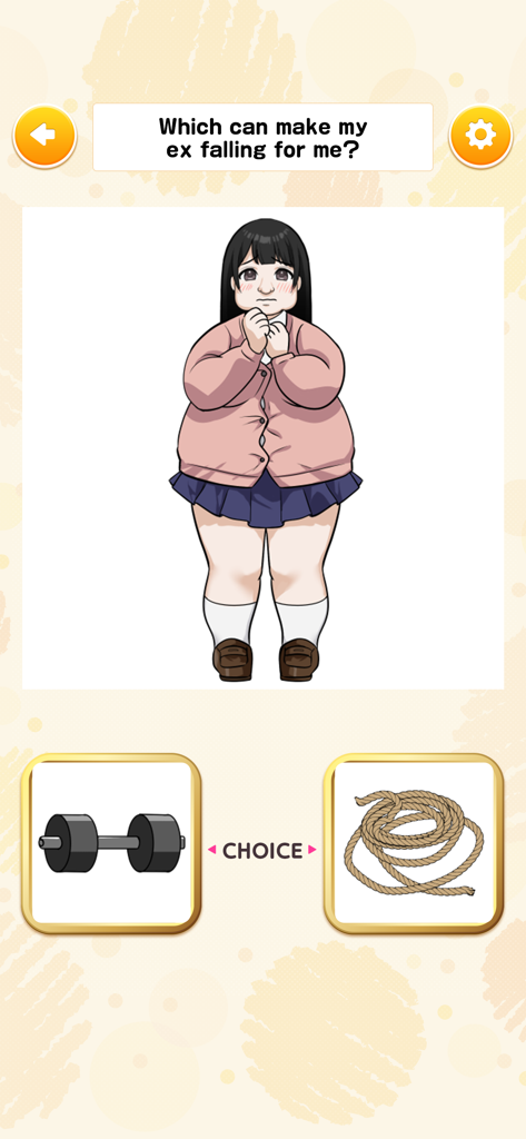 Dress Up and Happy Life - A choice screen in the game Dress Up and Happy Life where a character chooses between a dumbbell and a rope to win back her ex.