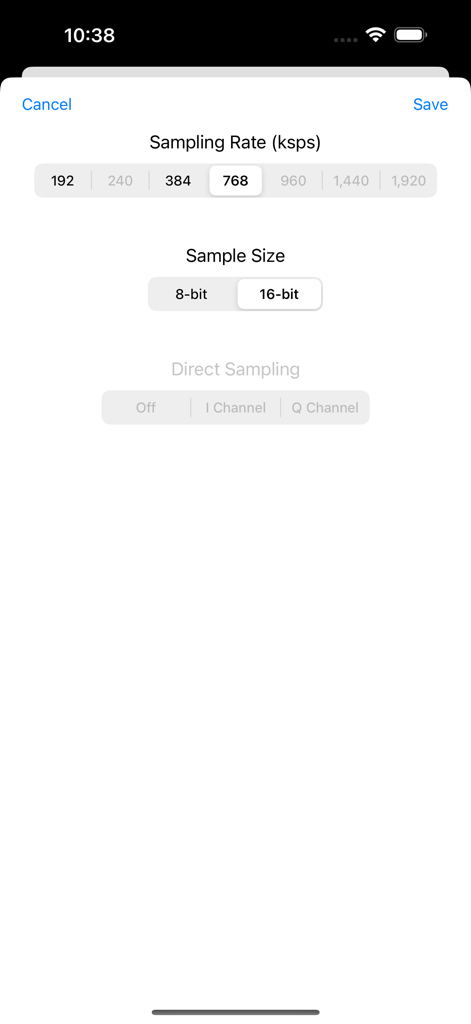 SDR Receiver app settings screen showing sampling rate and sample size configuration options.