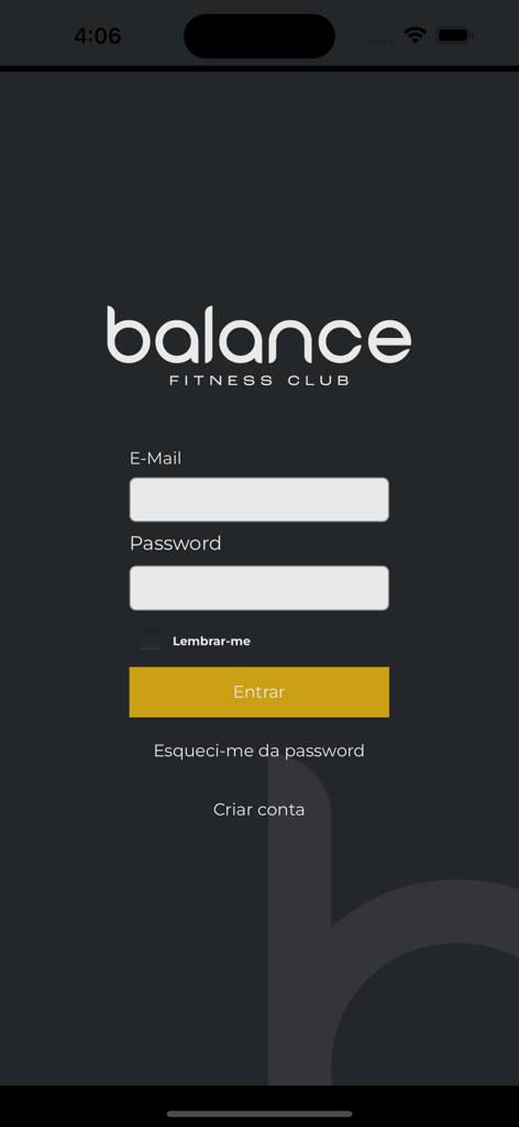 Balance App - Écran de connexion de l'application mobile Balance Fitness Club avec champs de saisie pour l'e-mail et le mot de passe