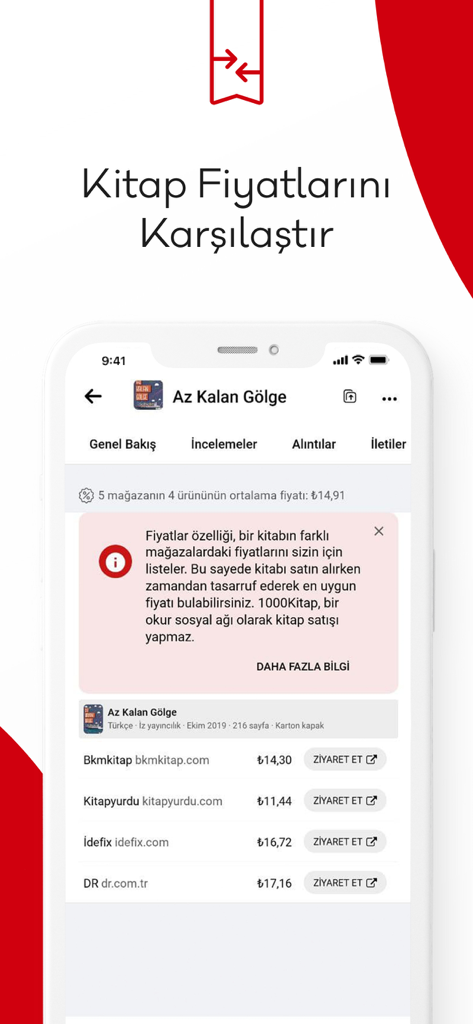 1000Kitap mobile app interface showing book price comparisons from different online bookstores
