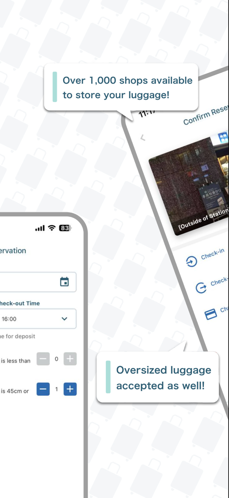 ecbo cloak - Luggage Storage - Schermate dell'app ecbo cloak che mostrano la prenotazione bagagli e le opzioni di deposito bagagli sovradimensionati in Giappone