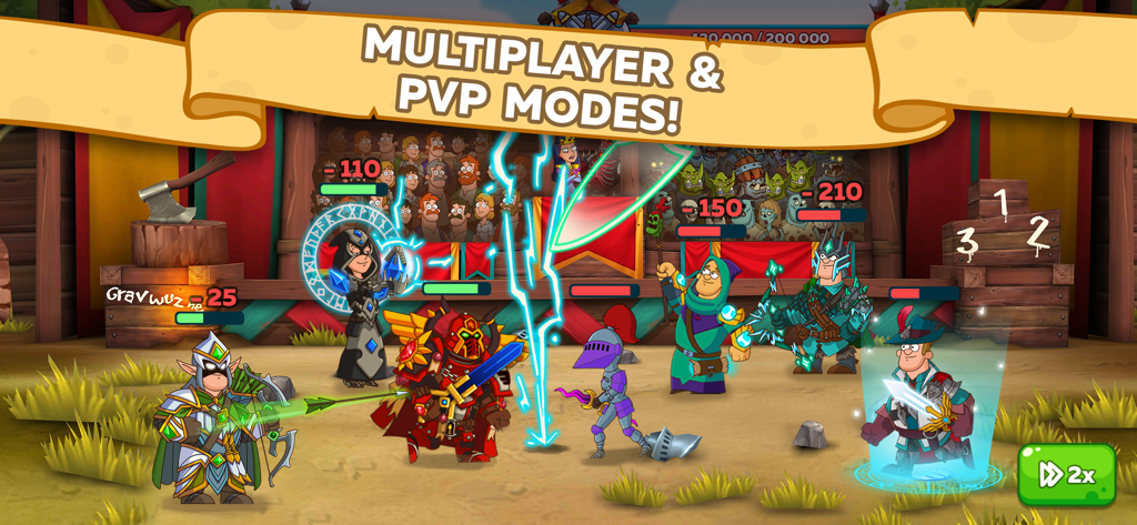 Hustle Castle・Medieval Kingdom - Screenshot of Hustle Castle showing cartoonish characters in a multiplayer PvP battle arena