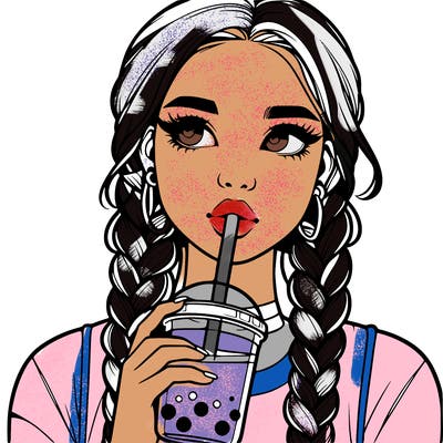 realistic girl with braided hair drinking boba
