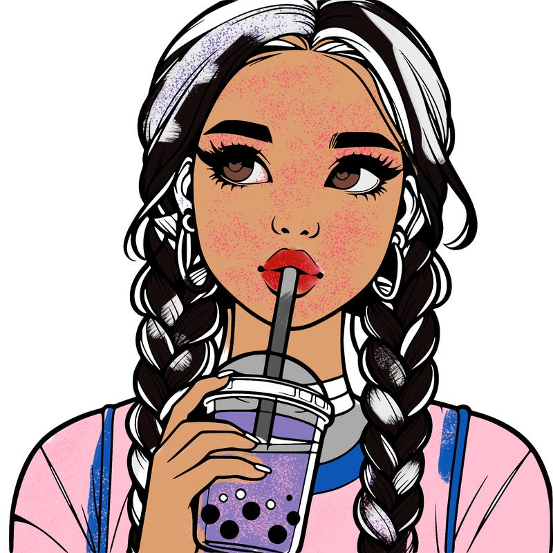 realistic girl with braided hair drinking boba