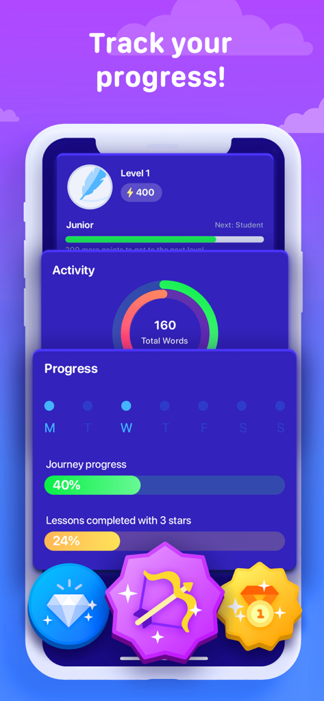 A progress tracking screen in the Spelling Bee app showing user level, total words learned, and journey completion percentage.