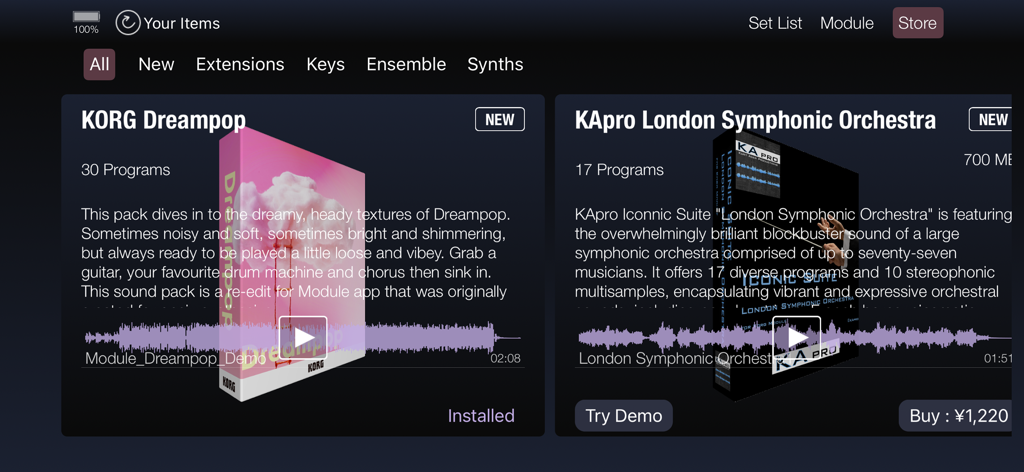 KORG Module Pro - Interfaz de la tienda dentro de la aplicación para KORG Module Pro mostrando los paquetes de expansión de sonido Dreampop y KApro London Symphonic Orchestra