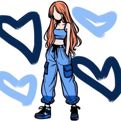 girl in baggy pants crop top and long hair