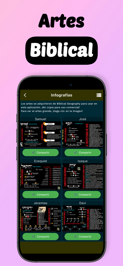 Biblia Con Letra Gigante - Biblia Con Letra Gigante app showing biblical infographics for characters like Samuel and Jose with share buttons