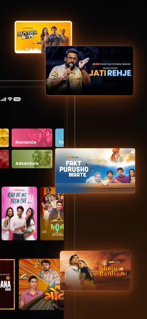 JOJO APP: Movies, Shows, Natak - Interface of JOJO APP displaying a library of Gujarati movies comedy shows and theater performances