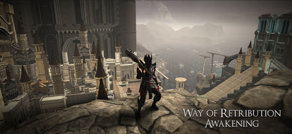 Way of Retribution: Awakening - Ein dunkler Fantasy-Krieger mit einer Stachelkeule blickt auf eine riesige Steinstadt und das Meer in Way of Retribution Awakening.