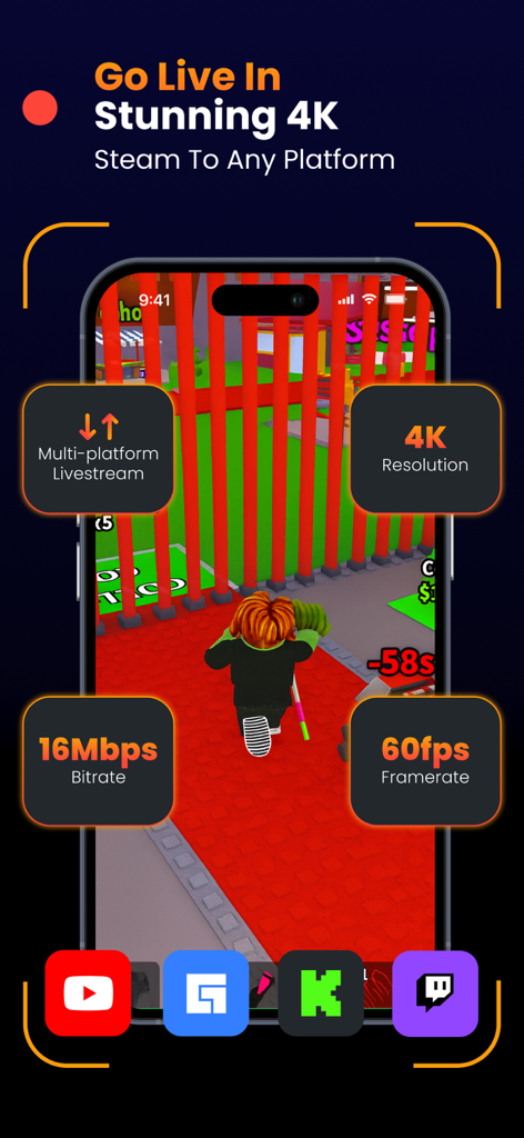 Screen Recorder - Video, Games - Mobile screen recorder interface showing 4K resolution and 60fps livestreaming features for gaming.