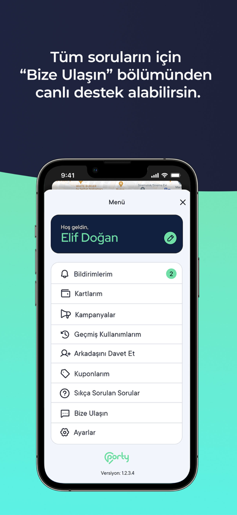 Porty app user menu screen displaying profile information and navigation options like notifications, payments, and live support.