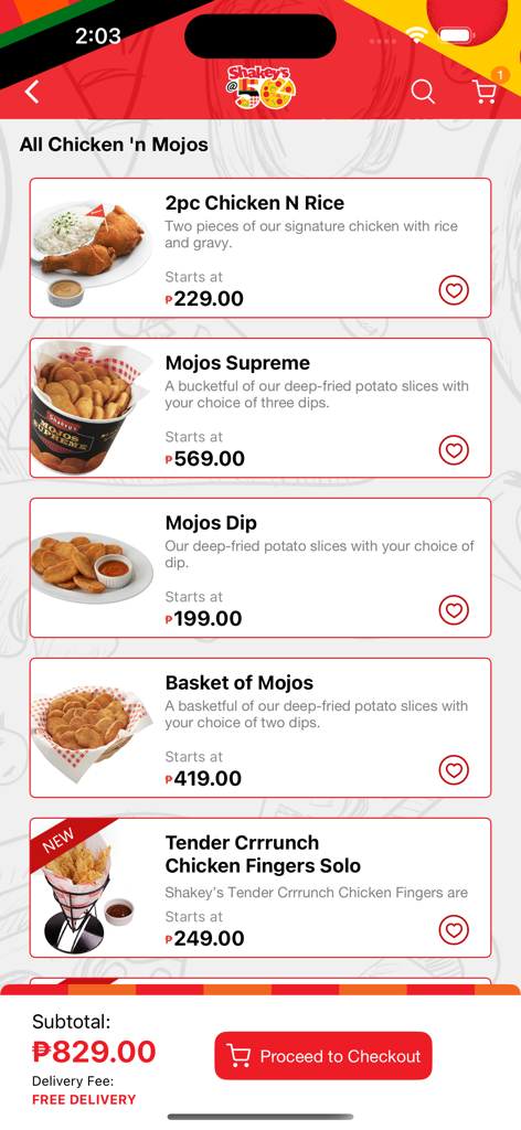 Shakey's Super App menu showing chicken and mojos options with a proceed to checkout button
