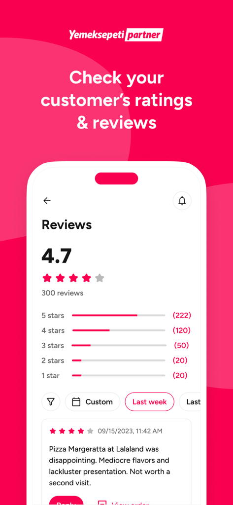 Yemeksepeti Partner - Interface of the Yemeksepeti Partner app showing a summary of customer ratings and specific text reviews for a restaurant