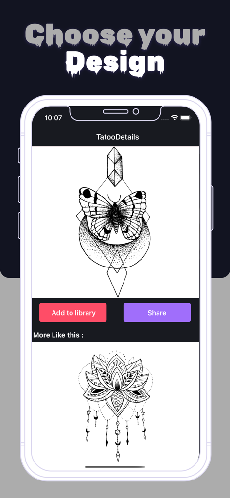 保存および共有オプションを備えた詳細な蝶のタトゥーデザインを表示するスマートフォンの画面