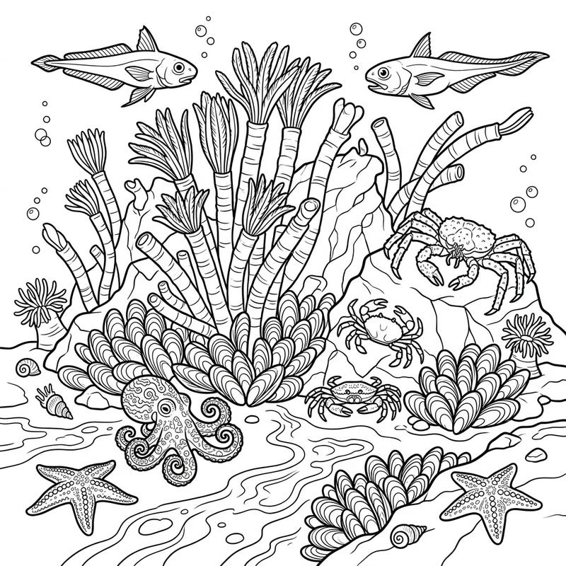 Dive into a unique underwater world with this captivating Cold Seep Community coloring page. Explore the fascinating creatures that thrive in the deep ocean's mysterious ecosystems.