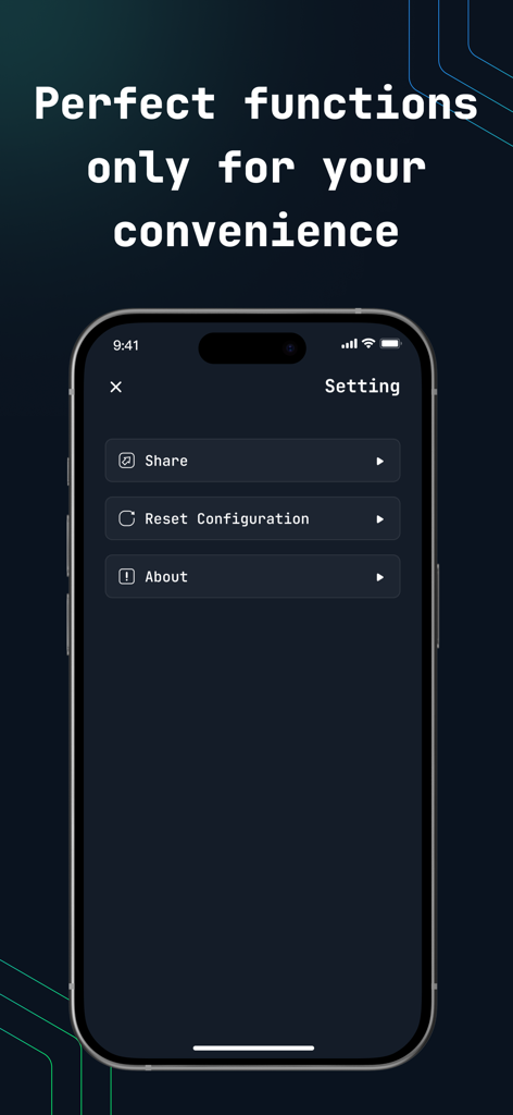 Interface of Super VPN Proxy on iPhone displaying the settings menu with options to share and reset configuration