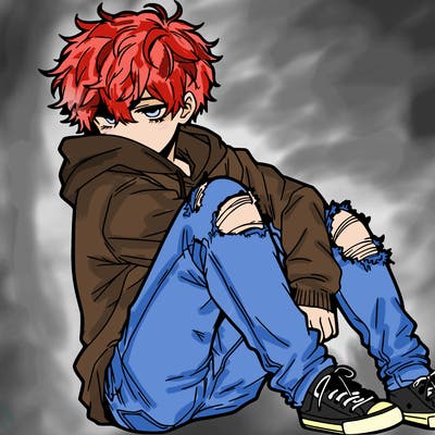a male hoddie ripped jeans messy hair anime