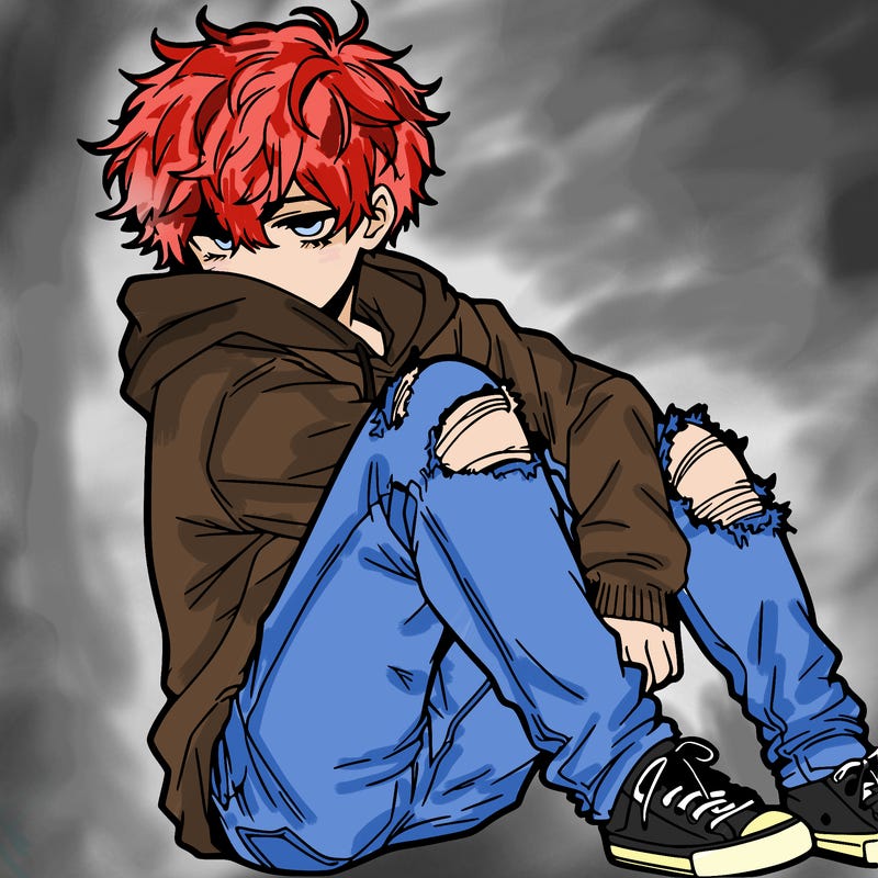 a male hoddie ripped jeans messy hair anime
