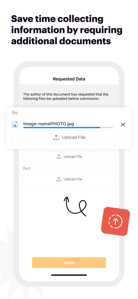 Interface móvel do aplicativo Form Filler mostrando um recurso para carregar documentos adicionais para um formulário solicitado.
