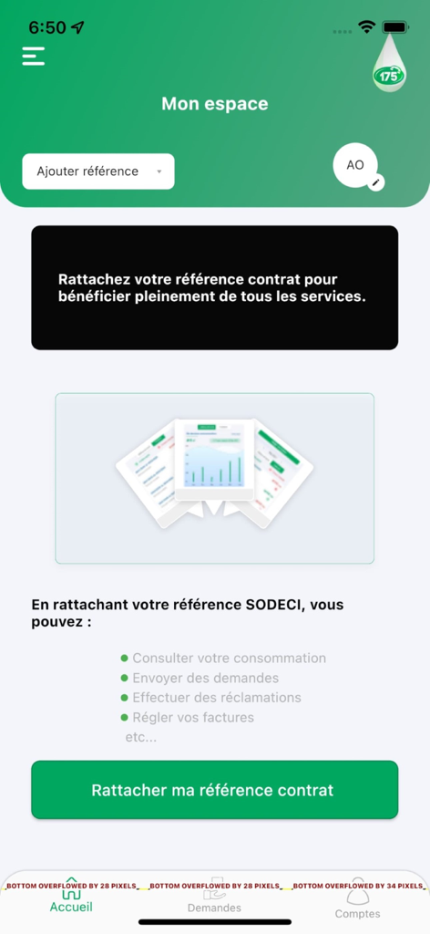 Ma SODECI en ligne - Mon espace screen in Ma SODECI en ligne app prompting users to link their contract reference to access billing and consumption features