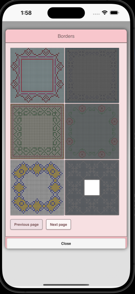 BeadPatternCreator - A menu in the BeadPatternCreator app showing various bead border designs.